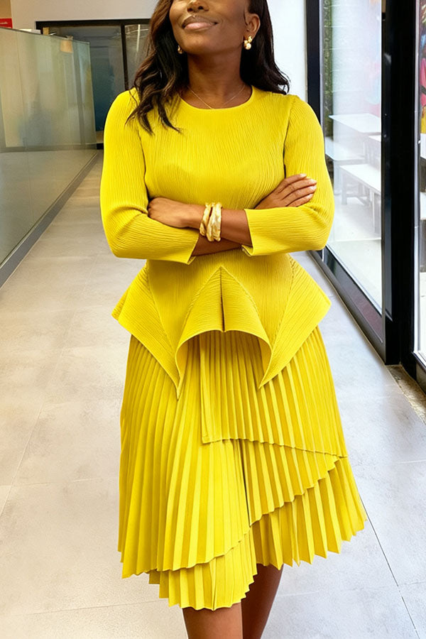 Glamorous Asymmetrical Top & Layered Pleated Skirt Set