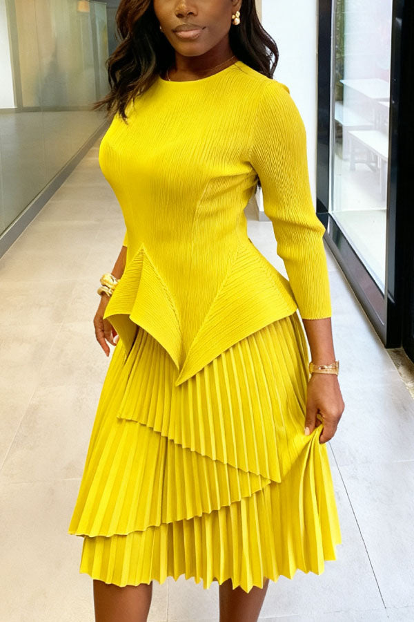 Glamorous Asymmetrical Top & Layered Pleated Skirt Set