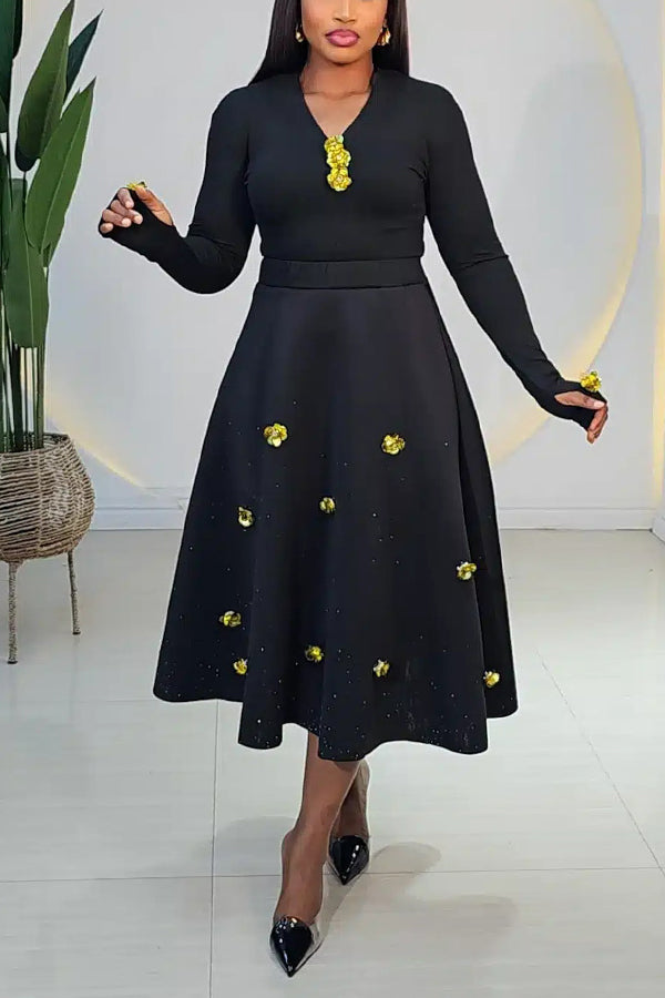 Elegant V-neck Sequined Floral Top & Ruffled Skirt Set