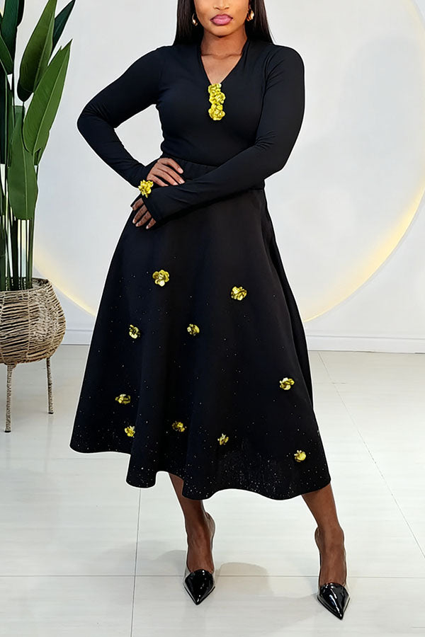 Elegant V-neck Sequined Floral Top & Ruffled Skirt Set