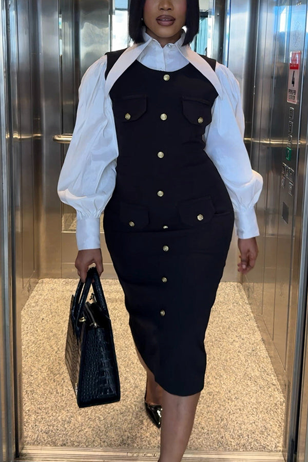 Elegant Shirt & Sleeveless Midi Dress Set