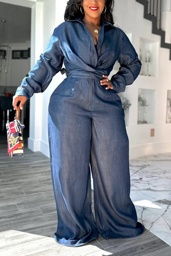 Fashionable Faux Denim Belted Wide Leg Jumpsuit