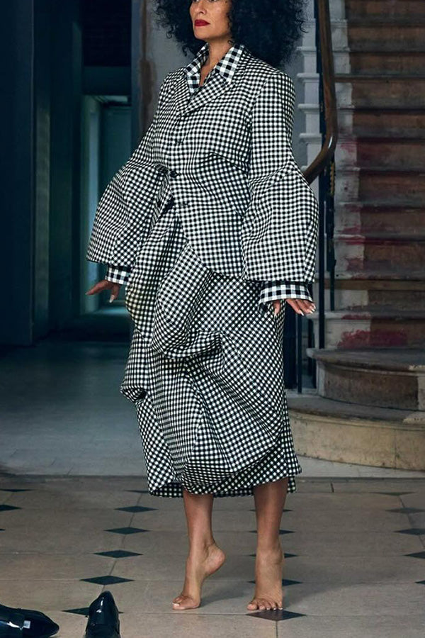 Stylish Plaid Print Jacket & Ruched Skirt Set