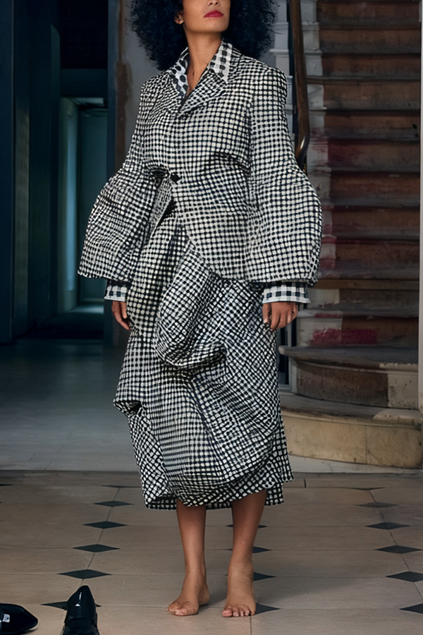 Stylish Plaid Print Jacket & Ruched Skirt Set