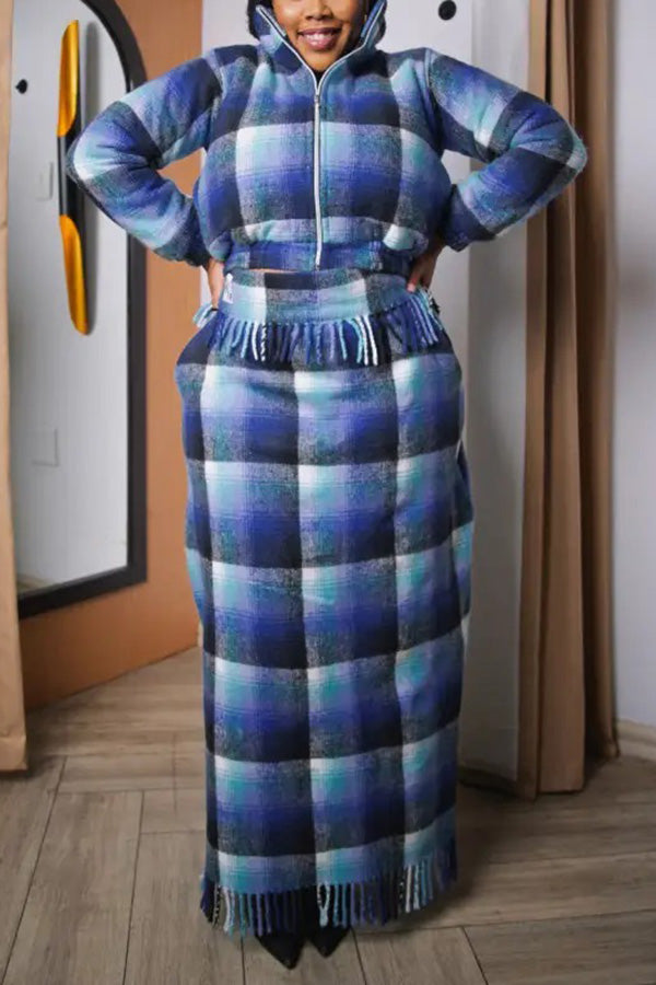 Stylish Plaid Tassel Bomber Jacket & Skirt