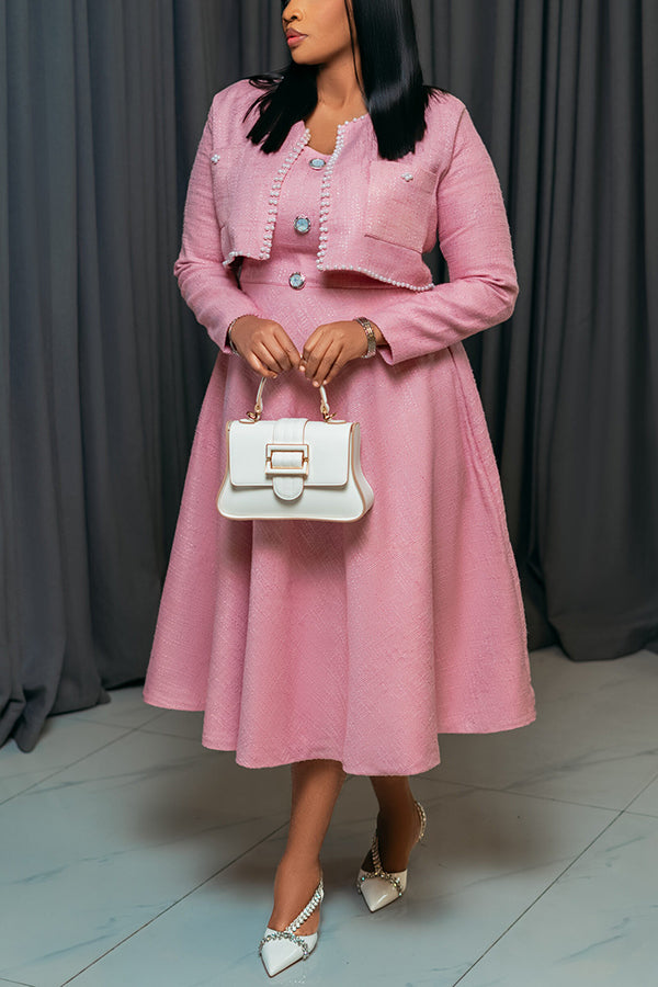 Elegant Pearl-Embellished Jacket & Tweed Dress