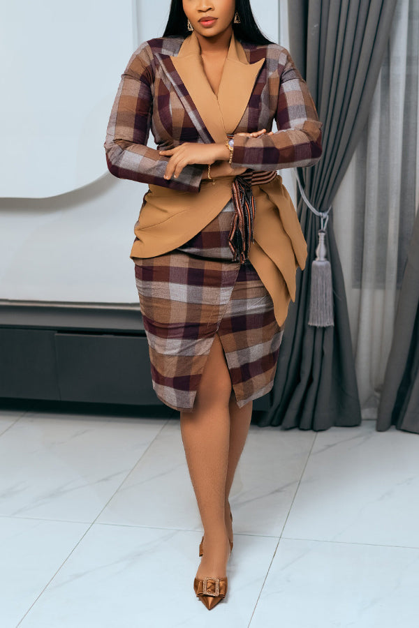 Elegant Plaid Colorblock Blazer Dress
