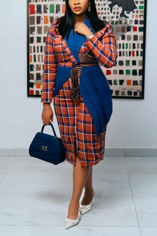 Elegant Plaid Colorblock Blazer Dress