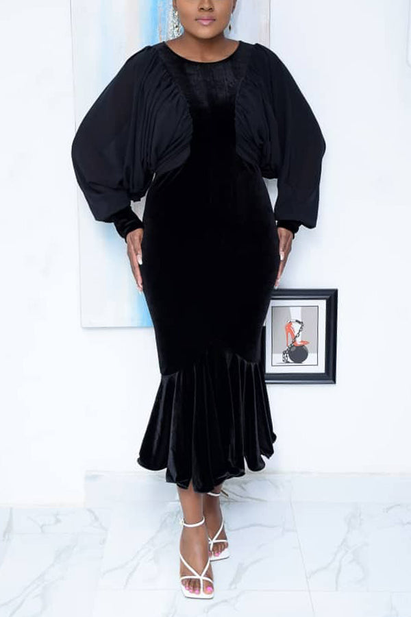 Elegant Lantern Sleeve Velvet Ruffle Dress
