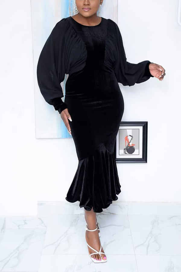 Elegant Lantern Sleeve Velvet Ruffle Dress