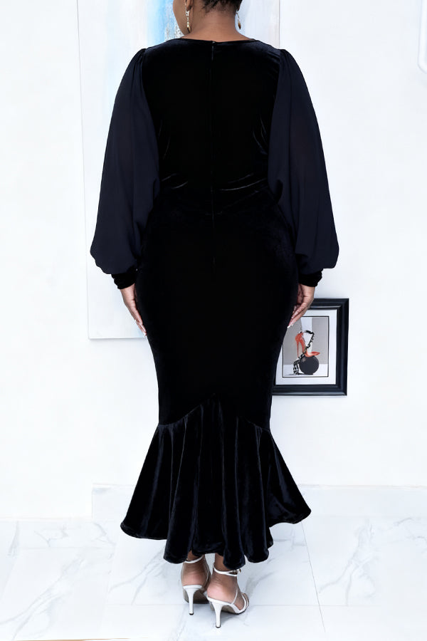 Elegant Lantern Sleeve Velvet Ruffle Dress