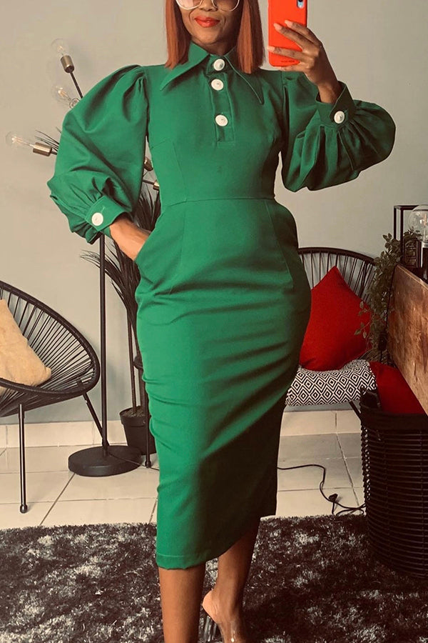 Stylish Lapel Ruched Lantern Sleeve Shift Maxi Dress