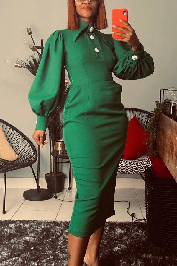 Stylish Lapel Ruched Lantern Sleeve Shift Maxi Dress