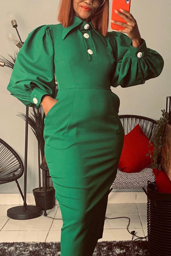 Stylish Lapel Ruched Lantern Sleeve Shift Maxi Dress