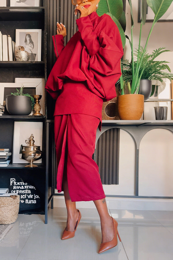 Stylish High Neck Button Back Top & Slit Skirt