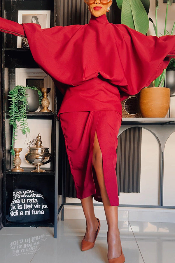 Stylish High Neck Button Back Top & Slit Skirt