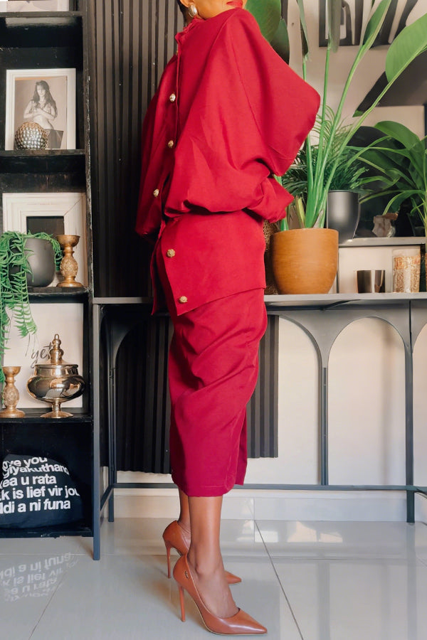 Stylish High Neck Button Back Top & Slit Skirt