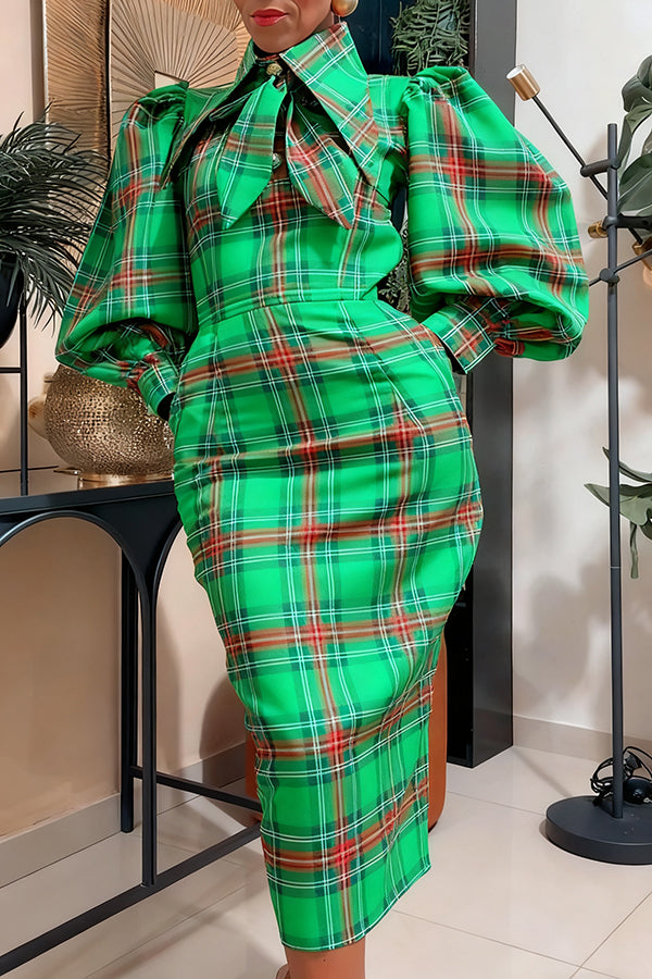 Stylish Plaid Bow Lantern Sleeve Dress