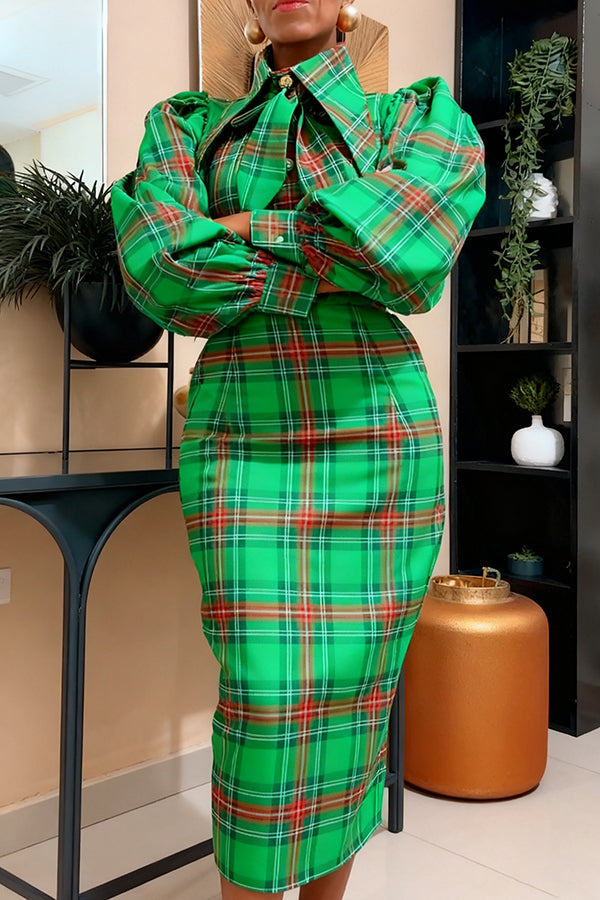 Stylish Plaid Bow Lantern Sleeve Dress