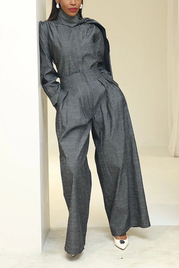 Stylish Side Draped Denim Top & Pants Set
