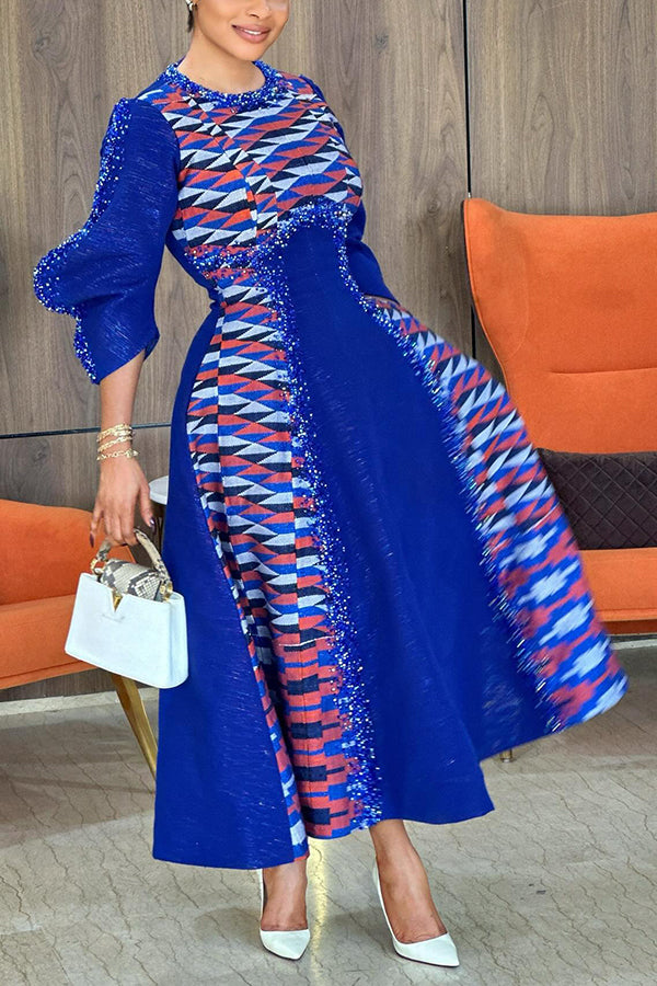 Exquisite Color Block Geometric Print Maxi Dress