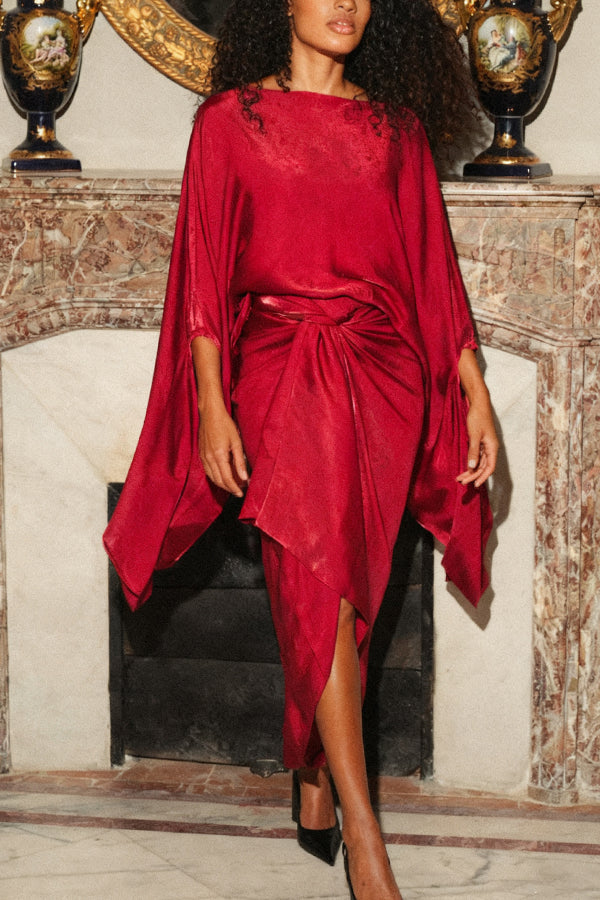 Shimmer Wide Sleeve Top & Draped Wrap Skirt Set