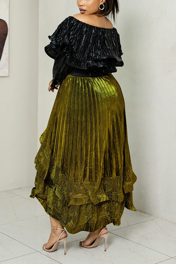 Glamour Off Shoulder Ruffled Top & Pleated Skirt Set