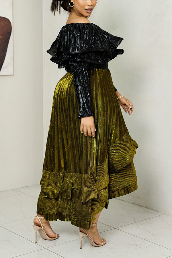 Glamour Off Shoulder Ruffled Top & Pleated Skirt Set