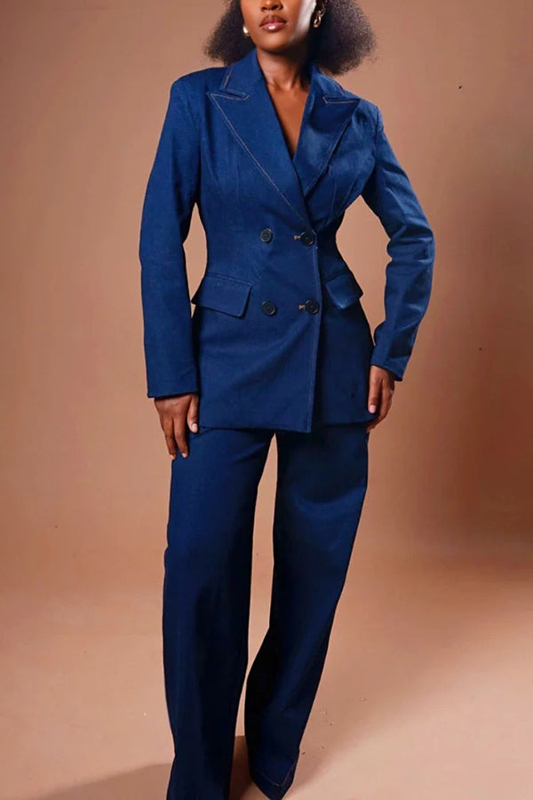 Retro Padded Shoulder Blazer & High Waist Straight Jeans