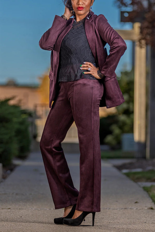 Stylish Suede Blazer & Straight-Leg Trousers