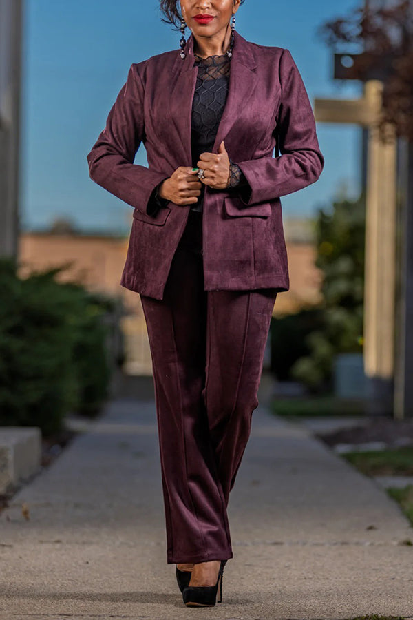 Stylish Suede Blazer & Straight-Leg Trousers