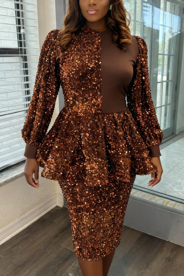 Elegant Patchwork Sequin Peplum Dress