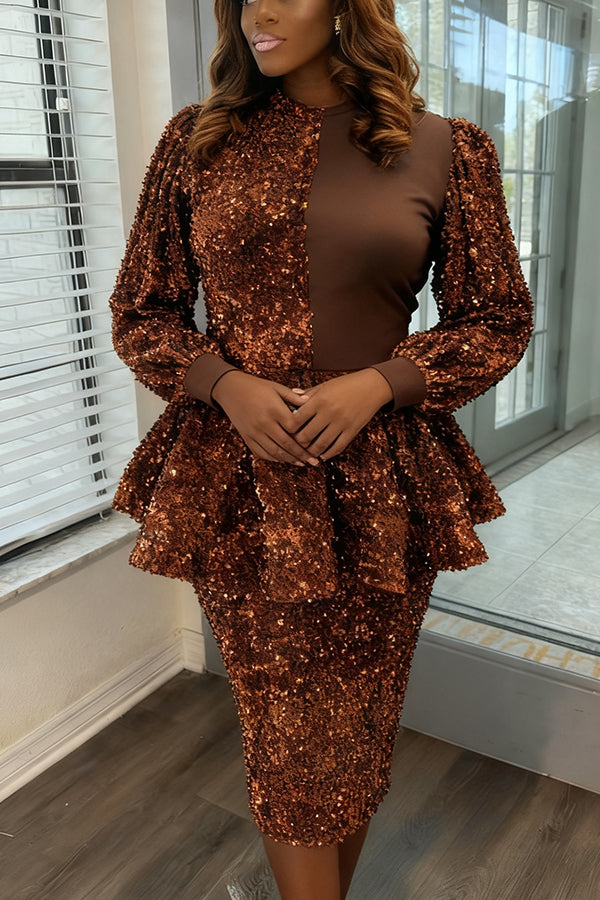 Elegant Patchwork Sequin Peplum Dress