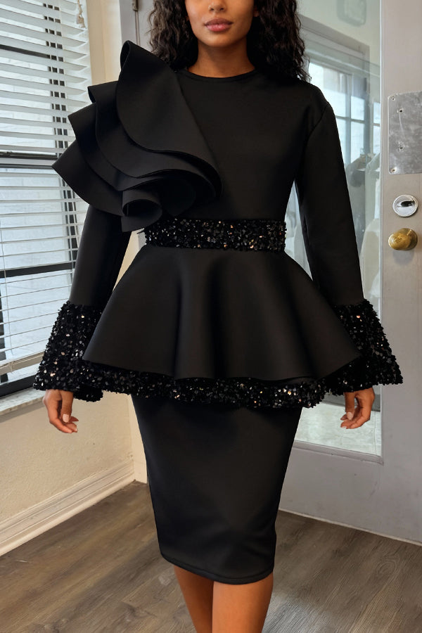 Stylish Multi-Layered Ruffle Sequin Trim Dress