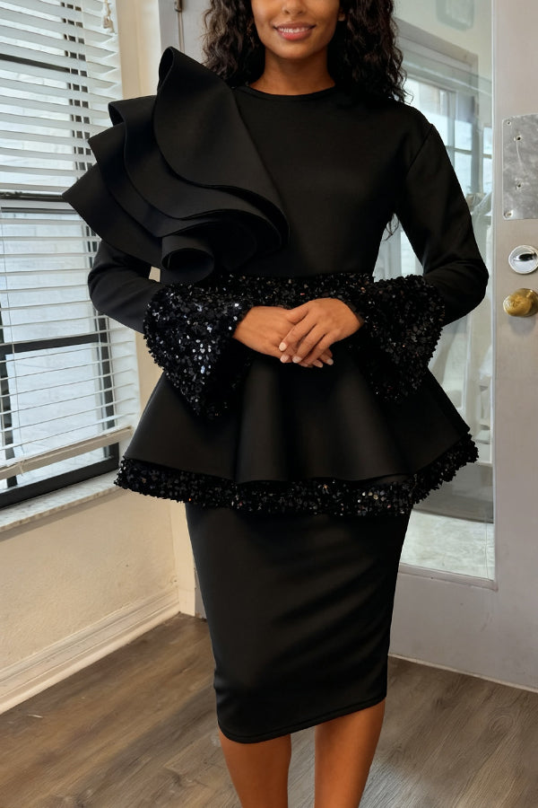 Stylish Multi-Layered Ruffle Sequin Trim Dress