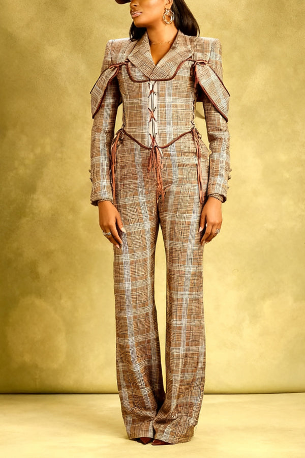 Stylish Plaid Corset Three-Piece Blazer Set