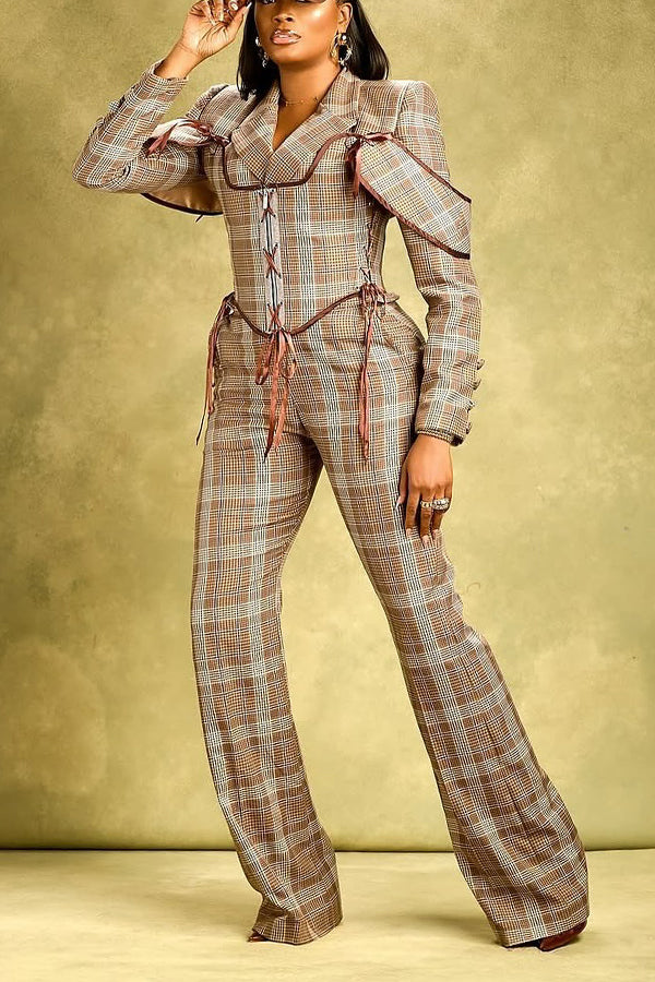 Stylish Plaid Corset Three-Piece Blazer Set