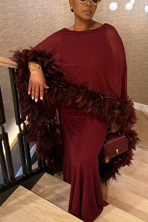 Elegant Feather Trimmed Cape Maxi Dress