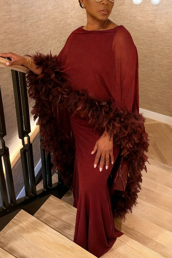 Elegant Feather Trimmed Cape Maxi Dress