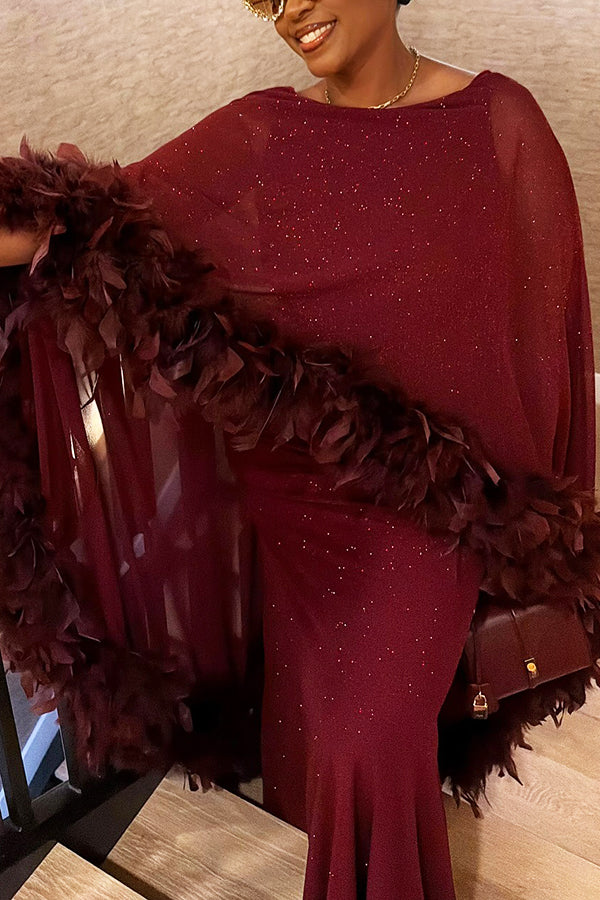 Elegant Feather Trimmed Cape Maxi Dress