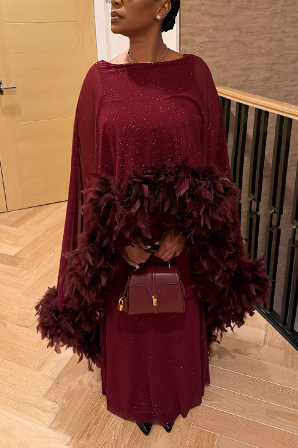 Elegant Feather Trimmed Cape Maxi Dress