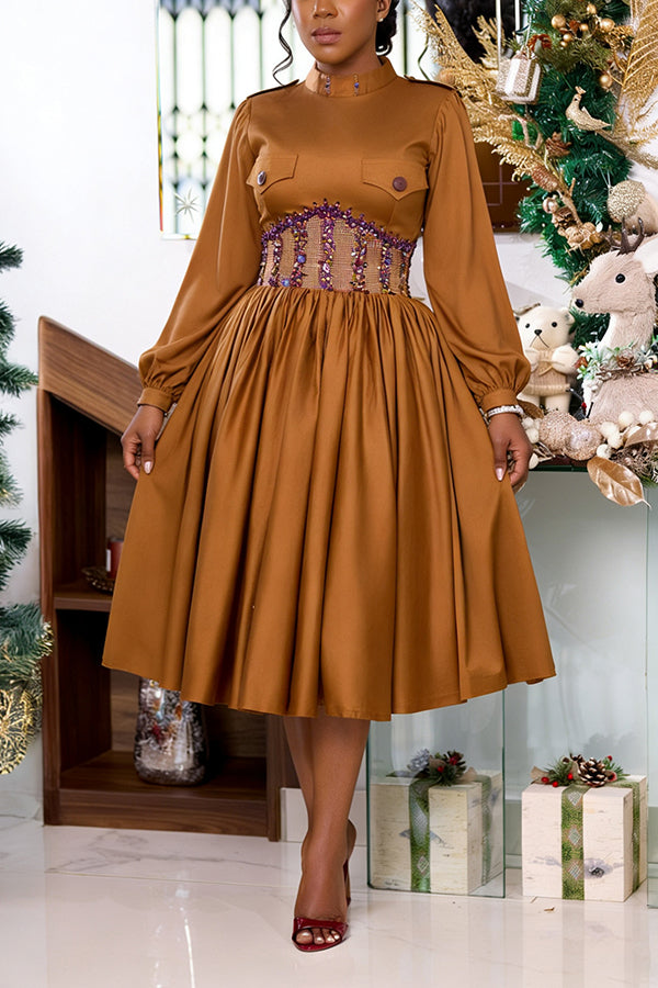 Elegant Rhinestone Embellished Swing Midi Dress