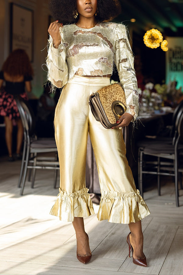 Stylish Ripped Top & Ruffled Satin Trousers Set