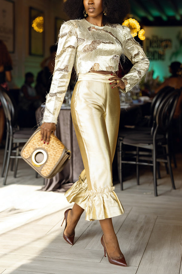 Stylish Ripped Top & Ruffled Satin Trousers Set