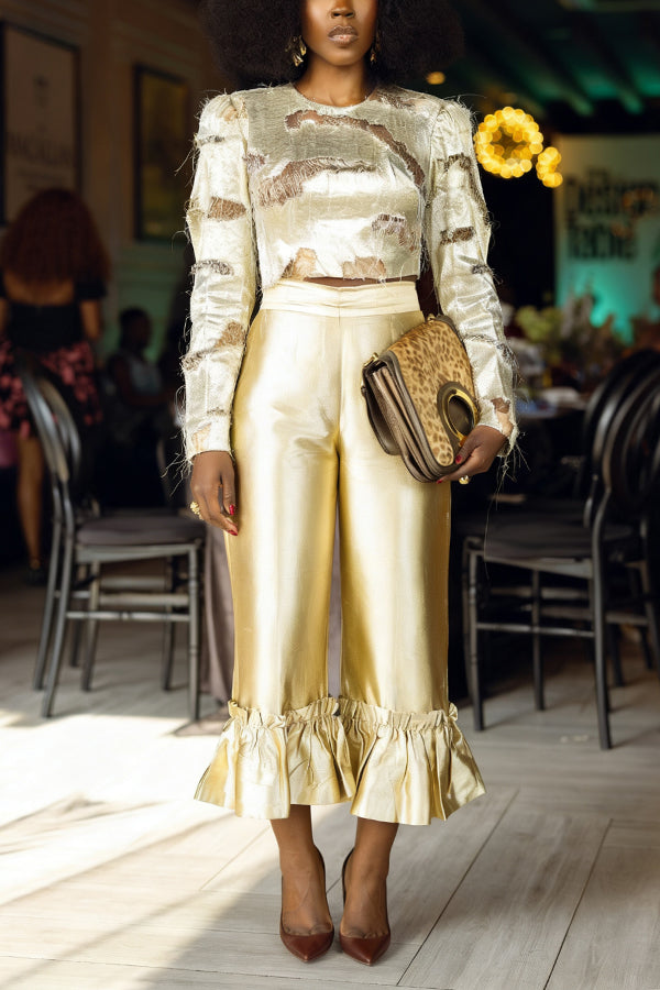 Stylish Ripped Top & Ruffled Satin Trousers Set