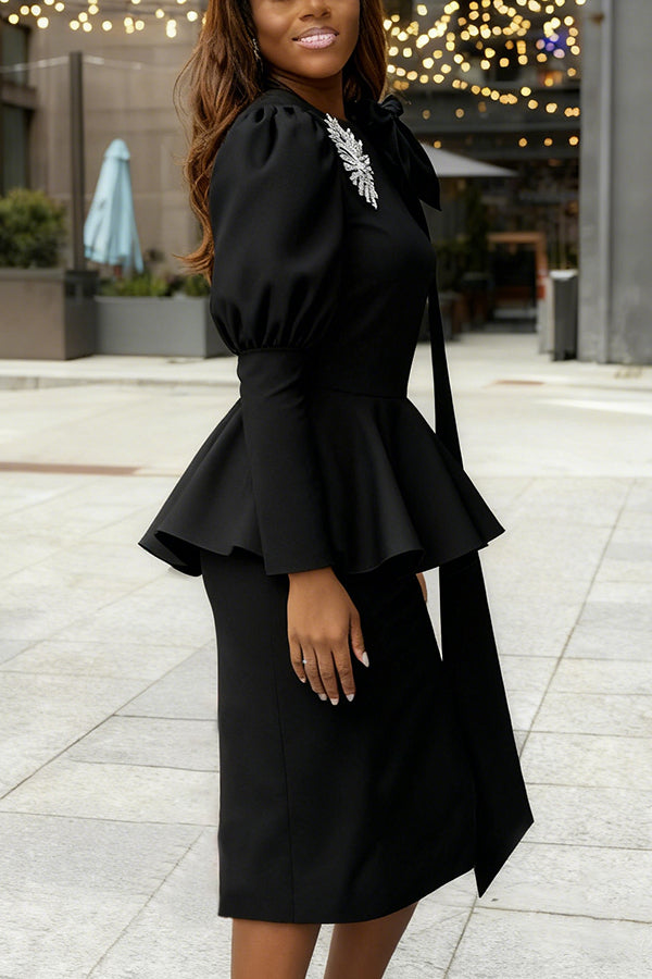 Elegant One Shoulder Bow Tie Peplum Dress