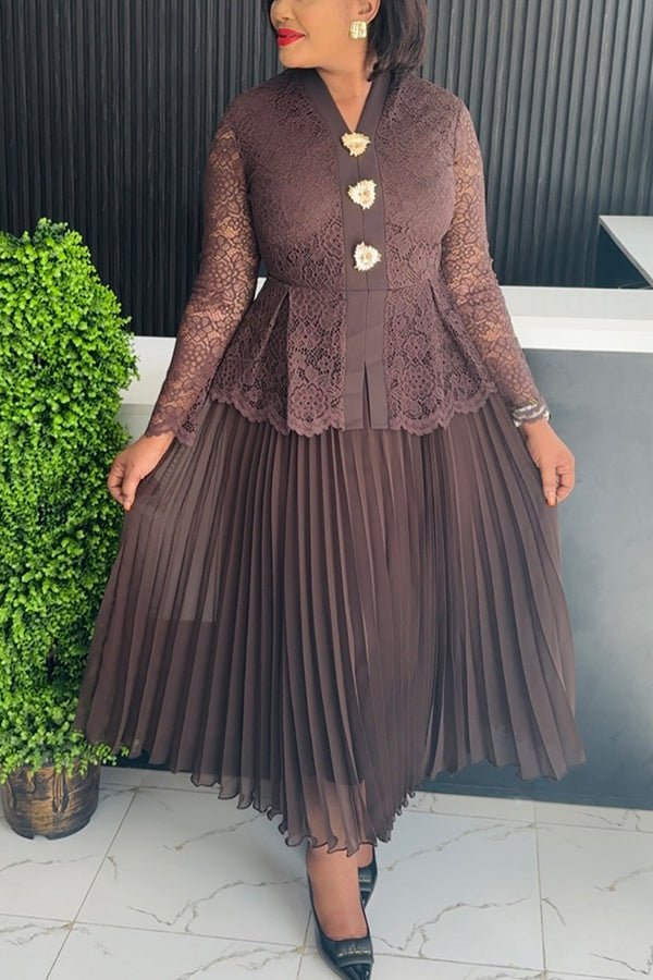 Elegant Lace Patchwork Pleated Dress