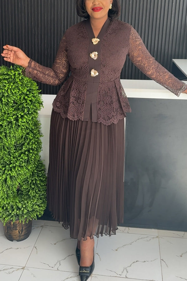 Elegant Lace Patchwork Pleated Dress