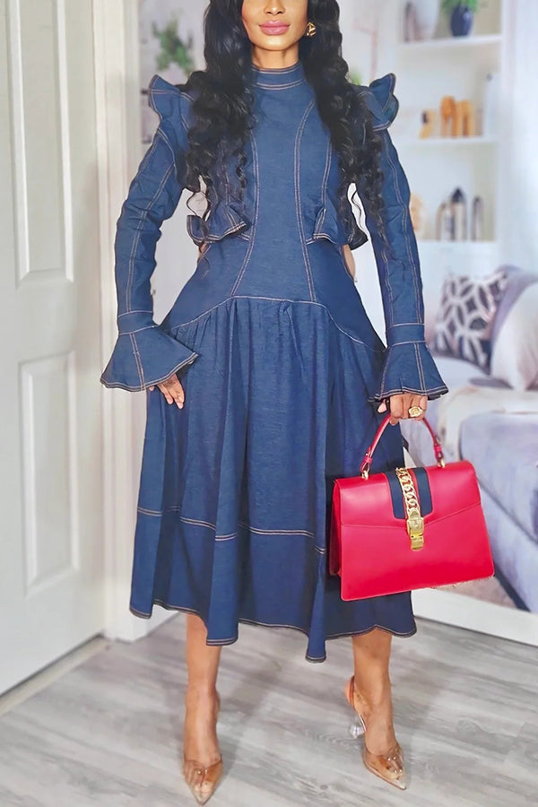 Chic Trumpet Sleeve Ruffle Denim Dress