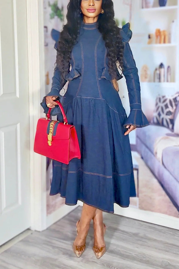 Chic Trumpet Sleeve Ruffle Denim Dress